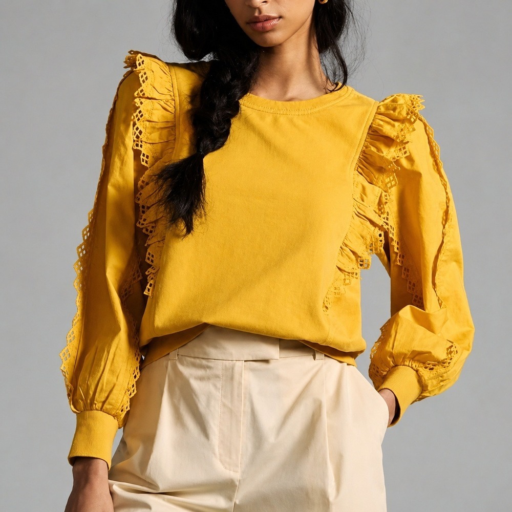 Anthropologie NEW Marigold Yellow Eyelet Ruffle Sleeve Sweatshirt SZ XL Cottage